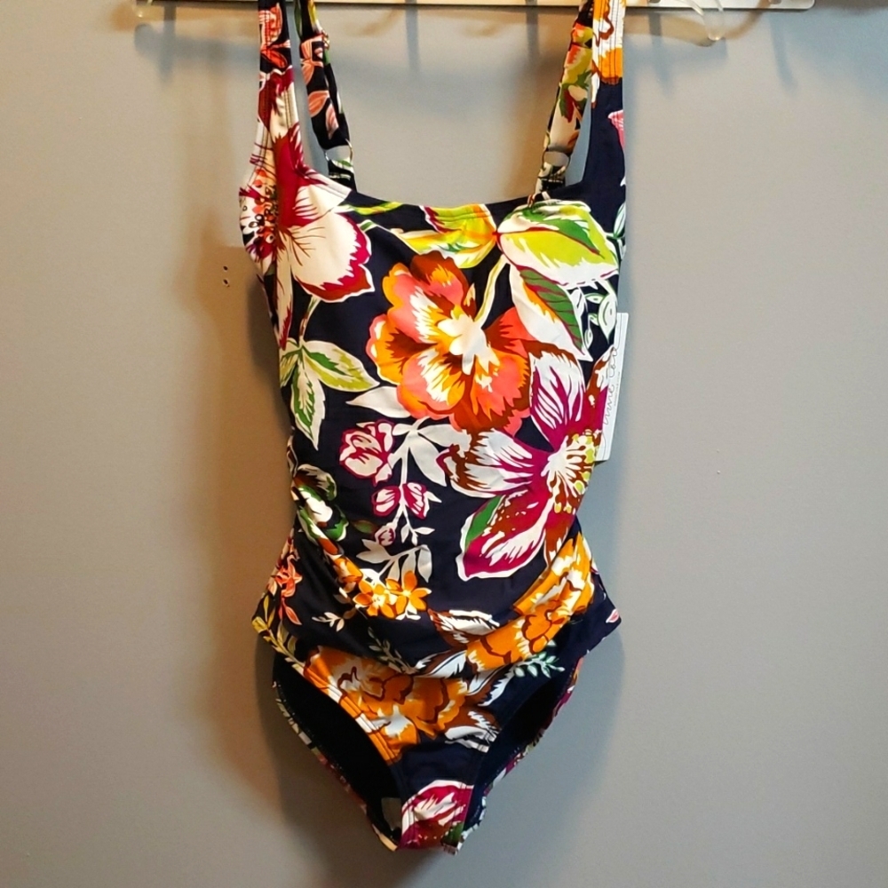Anne Cole Bright Tropical Floral Print on Navy Background Swimsuit, size 6